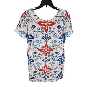 Boden Delfina Linen Shift Dress Sz 10 Short Sleeve White w Floral Print Coastal